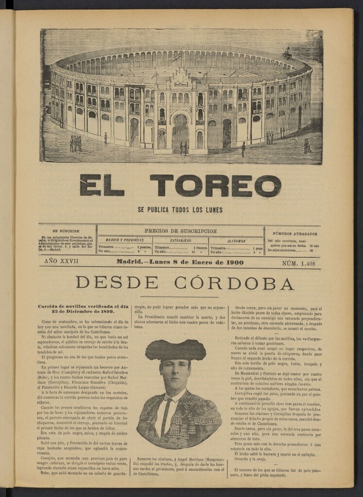 Miniatura de El Toreo: suplemento a "La Correspondencia Teatral" del 8 de enero de 1900, nº 1408