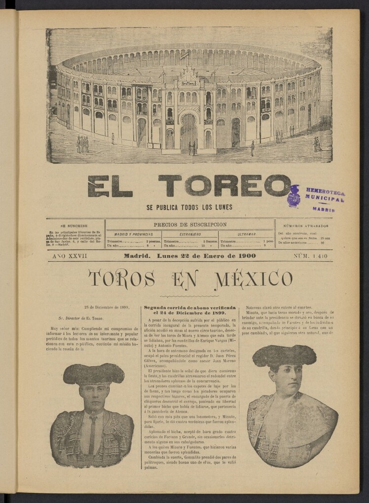 Miniatura de El Toreo: suplemento a "La Correspondencia Teatral" del 22 de enero de 1900, nº 1410