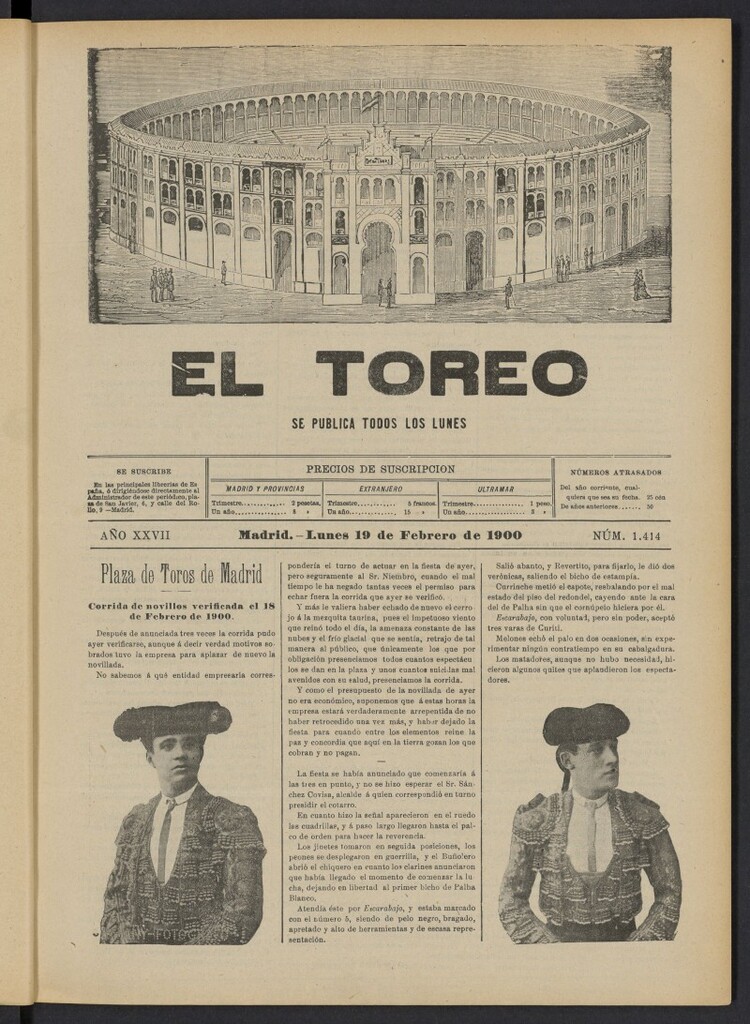 Miniatura de El Toreo: suplemento a "La Correspondencia Teatral" del 19 de febrero de 1900, nº 1414