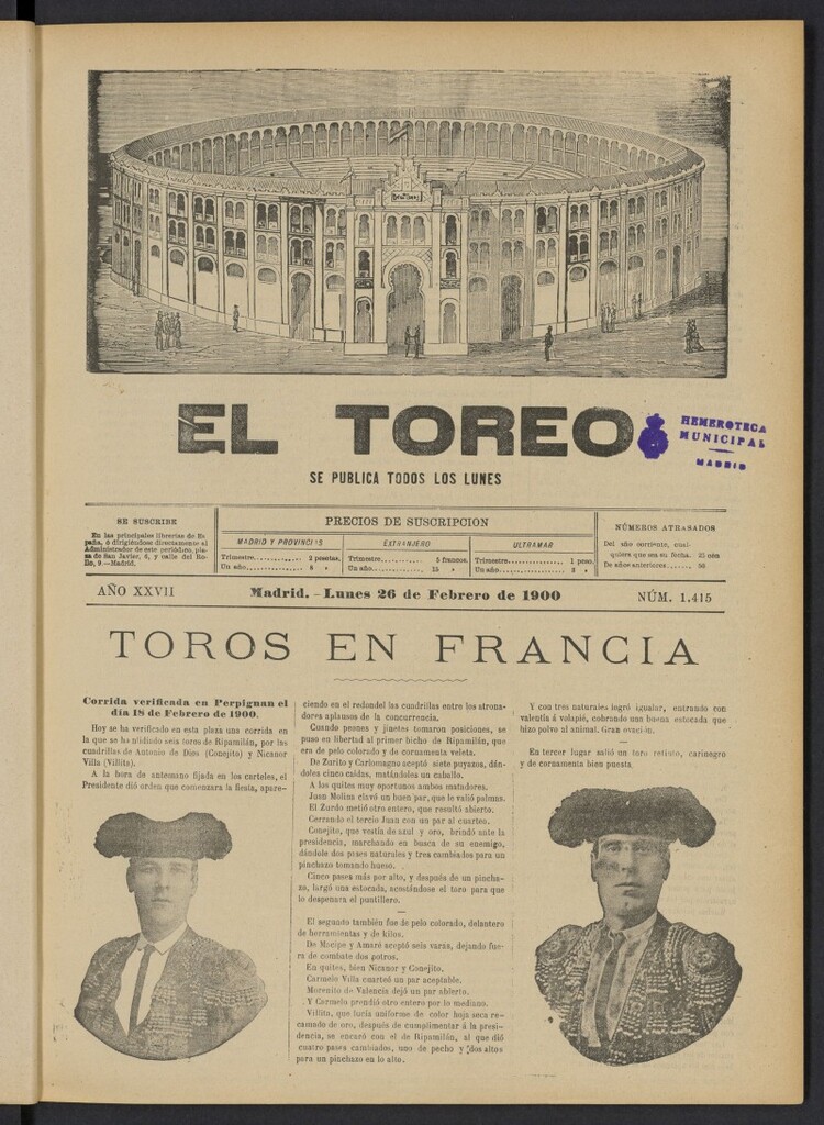 Miniatura de El Toreo: suplemento a "La Correspondencia Teatral" del 26 de febrero de 1900, nº 1415