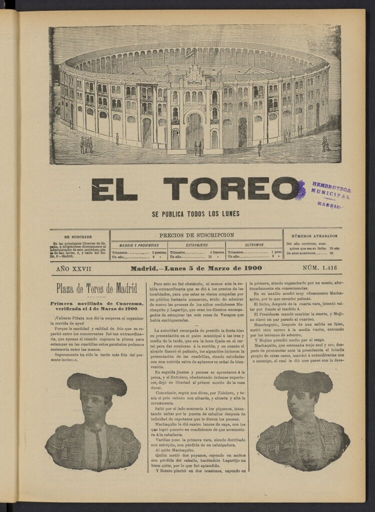 Miniatura de El Toreo: suplemento a "La Correspondencia Teatral" del 5 de marzo de 1900, nº 1416