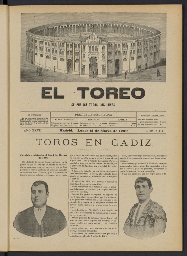 Miniatura de El Toreo: suplemento a "La Correspondencia Teatral" del 12 de marzo de 1900, nº 1417
