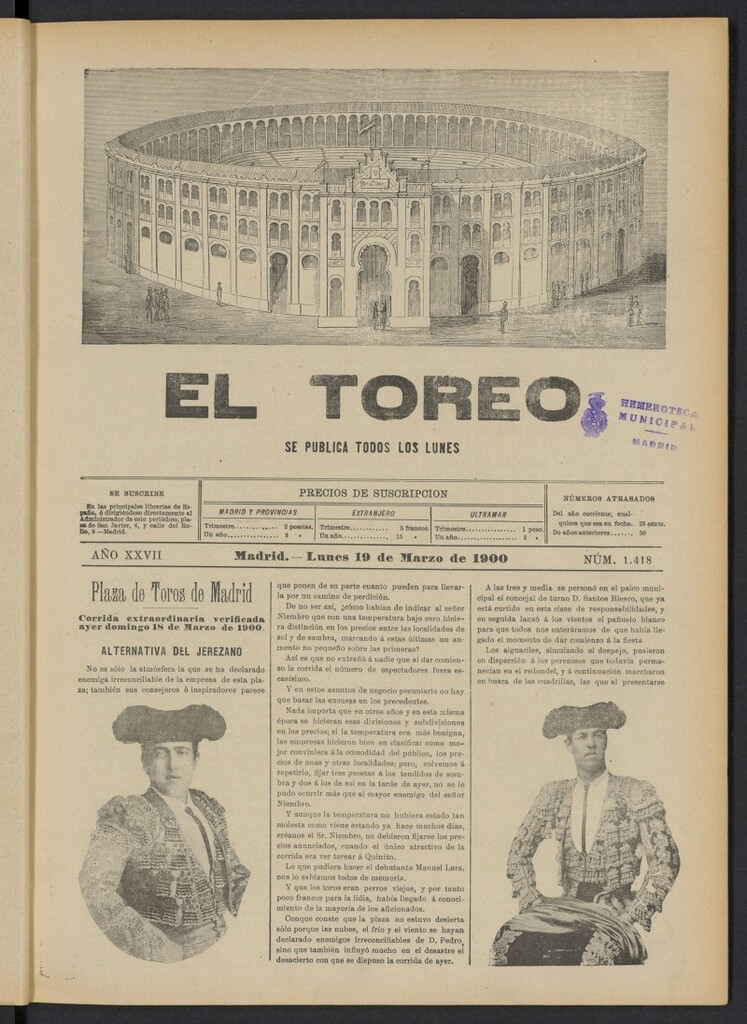 Miniatura de El Toreo: suplemento a "La Correspondencia Teatral" del 19 de marzo de 1900, nº 1418