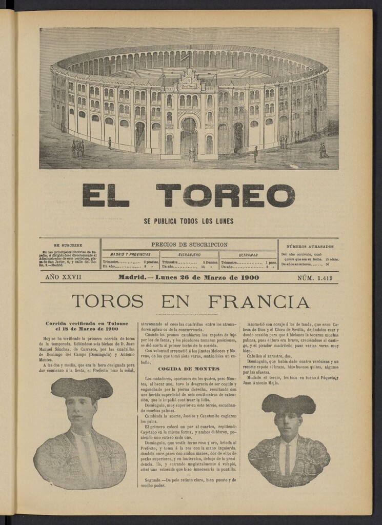 Miniatura de El Toreo: suplemento a "La Correspondencia Teatral" del 26 de marzo de 1900, nº 1419