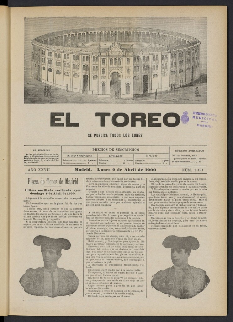 Miniatura de El Toreo: suplemento a "La Correspondencia Teatral" del 9 de abril de 1900, nº 1421
