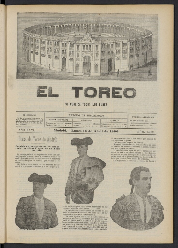 Miniatura de El Toreo: suplemento a "La Correspondencia Teatral" del 16 de abril de 1900, nº 1422