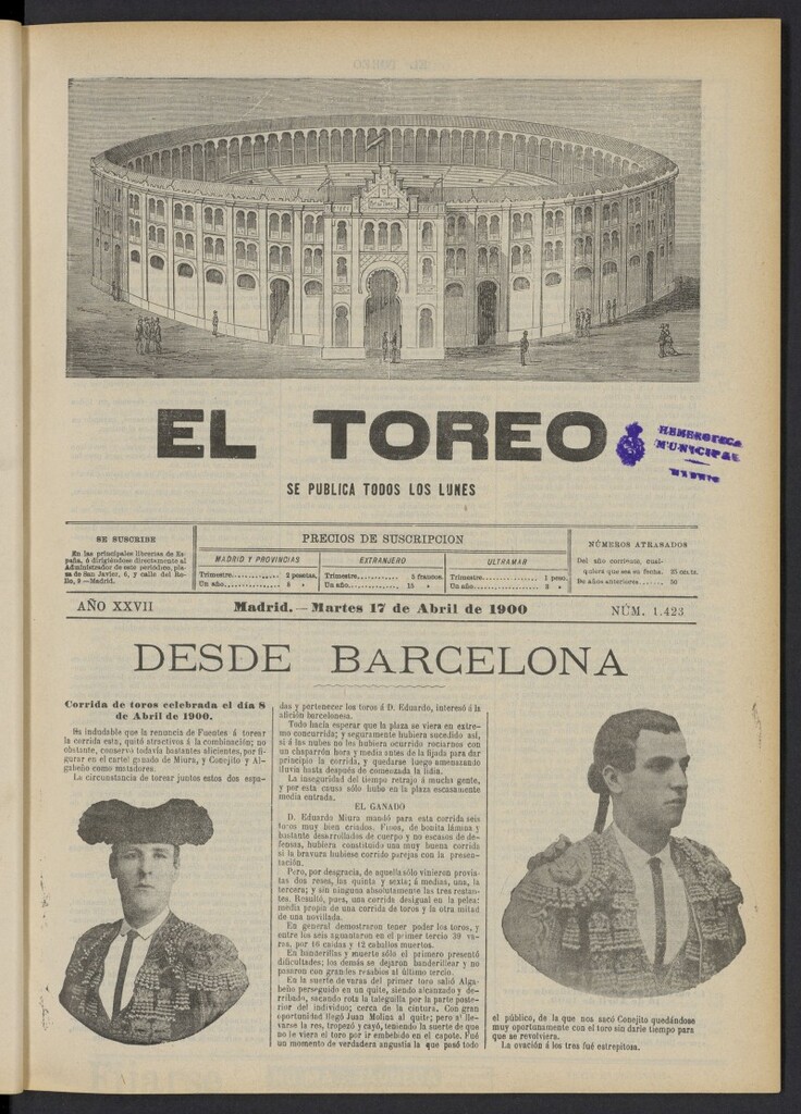 Miniatura de El Toreo: suplemento a "La Correspondencia Teatral" del 17 de abril de 1900, nº 1423