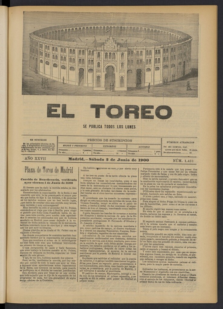 Miniatura de El Toreo: suplemento a "La Correspondencia Teatral" del 2 de junio de 1900, nº 1431