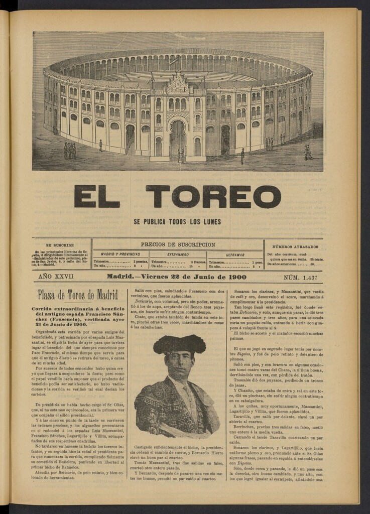 Miniatura de El Toreo: suplemento a "La Correspondencia Teatral" del 22 de junio de 1900, nº 1437