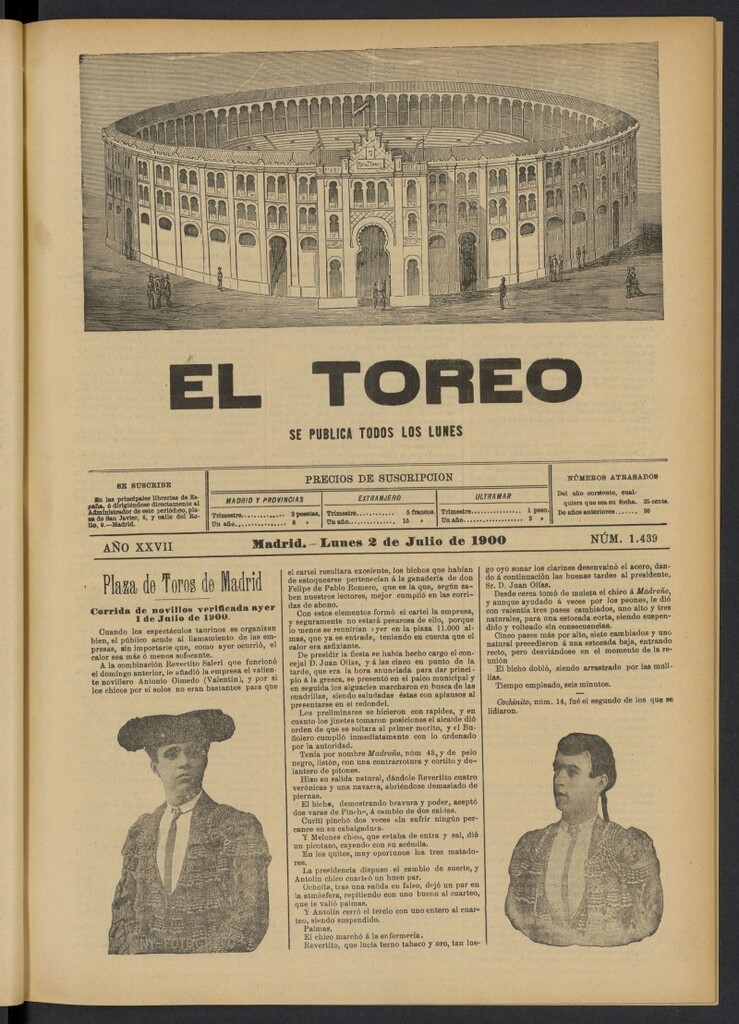Miniatura de El Toreo: suplemento a "La Correspondencia Teatral" del 2 de julio de 1900, nº 1439