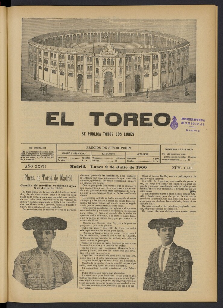 Miniatura de El Toreo: suplemento a "La Correspondencia Teatral" del 9 de julio de 1900, nº 1440