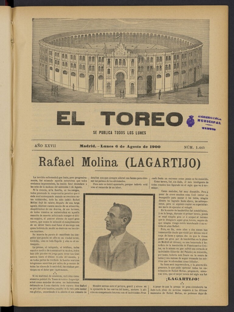 Miniatura de El Toreo: suplemento a "La Correspondencia Teatral" del 6 de agosto de 1900, nº 1445