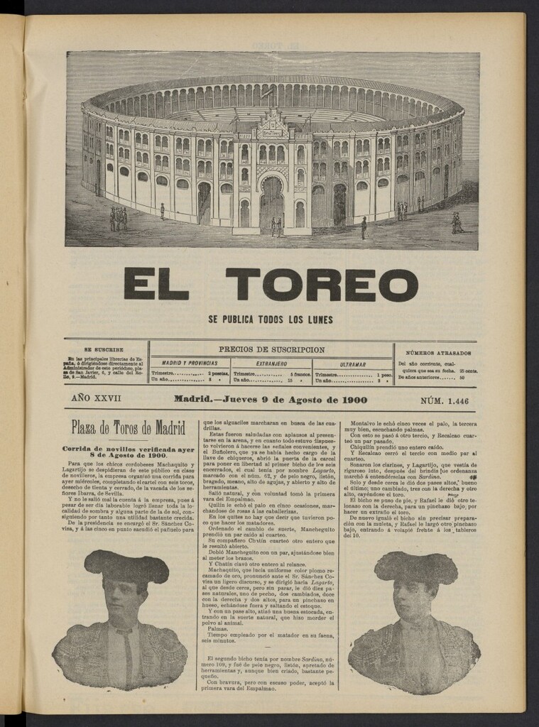 Miniatura de El Toreo: suplemento a "La Correspondencia Teatral" del 9 de agosto de 1900, nº 1446