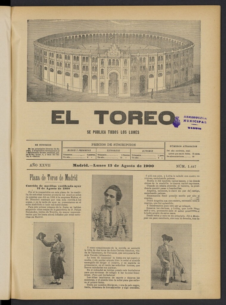 Miniatura de El Toreo: suplemento a "La Correspondencia Teatral" del 13 de agosto de 1900, nº 1447