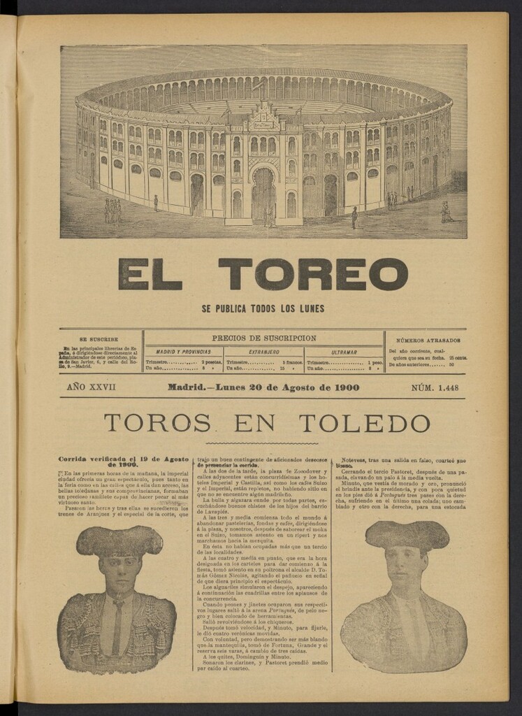 Miniatura de El Toreo: suplemento a "La Correspondencia Teatral" del 20 de agosto de 1900, nº 1448