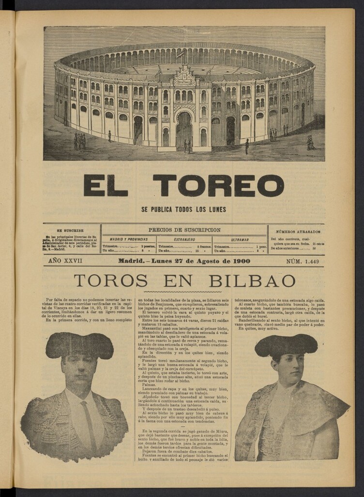 Miniatura de El Toreo: suplemento a "La Correspondencia Teatral" del 27 de agosto de 1900, nº 1449