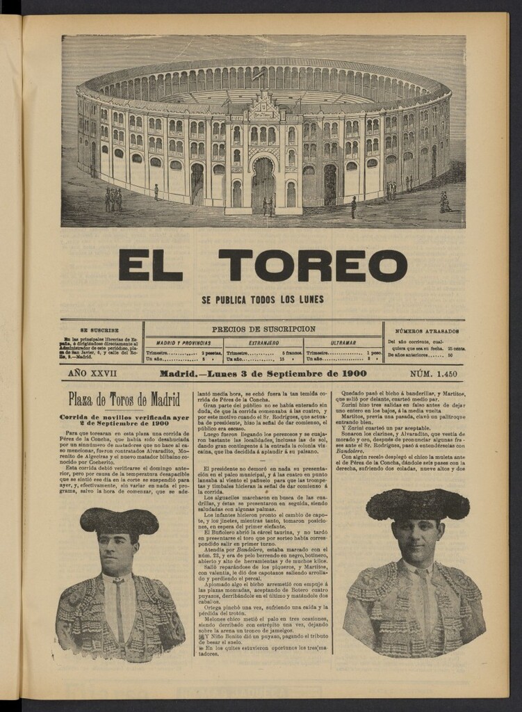 Miniatura de El Toreo: suplemento a "La Correspondencia Teatral" del 3 de septiembre de 1900, nº 1450