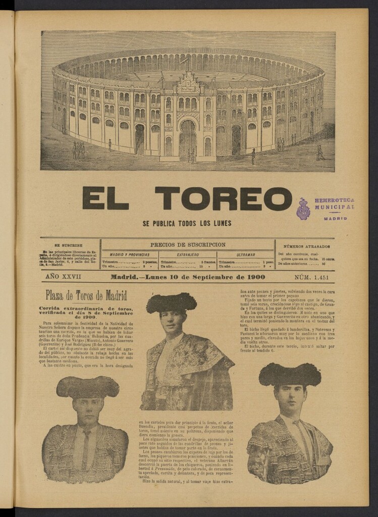 Miniatura de El Toreo: suplemento a "La Correspondencia Teatral" del 10 de septiembre de 1900, nº 1451