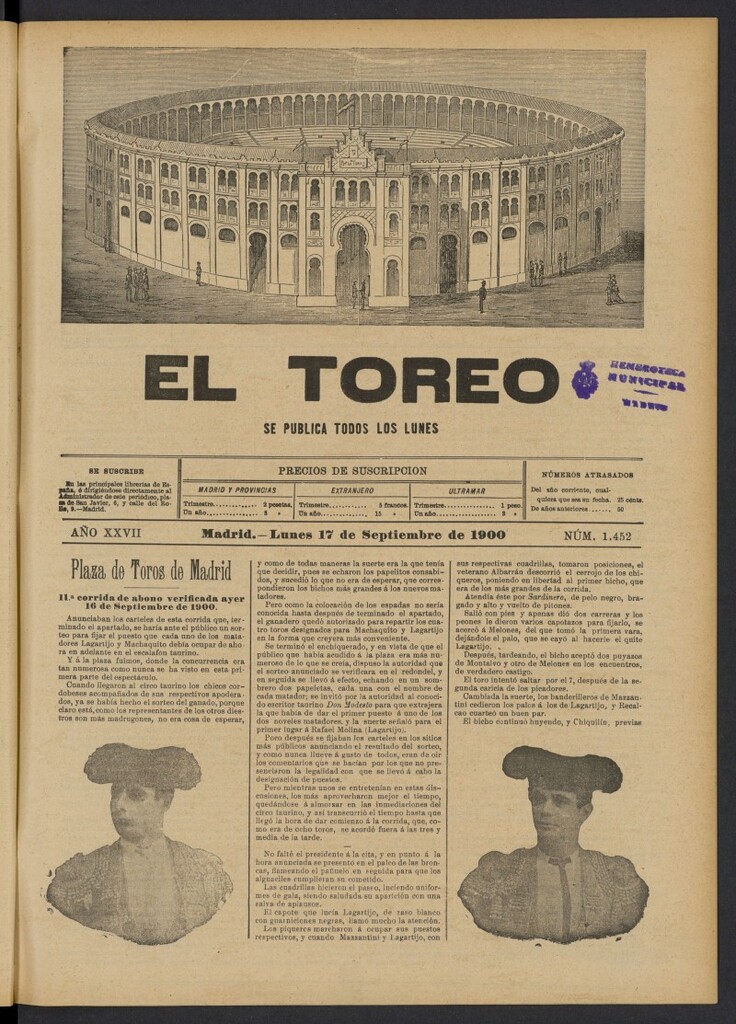 Miniatura de El Toreo: suplemento a "La Correspondencia Teatral" del 17 de septiembre de 1900, nº 1452