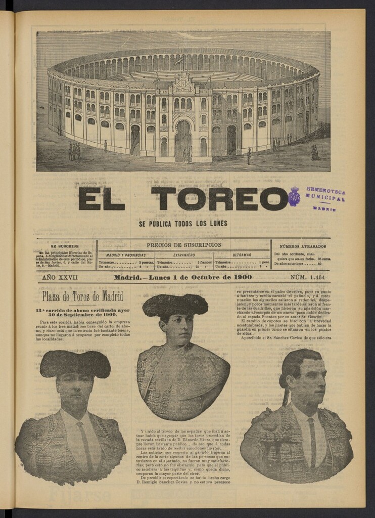 Miniatura de El Toreo: suplemento a "La Correspondencia Teatral" del 1 de octubre de 1900, nº 1454