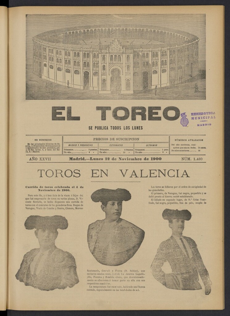 Miniatura de El Toreo: suplemento a "La Correspondencia Teatral" del 12 de noviembre de 1900, nº 1460