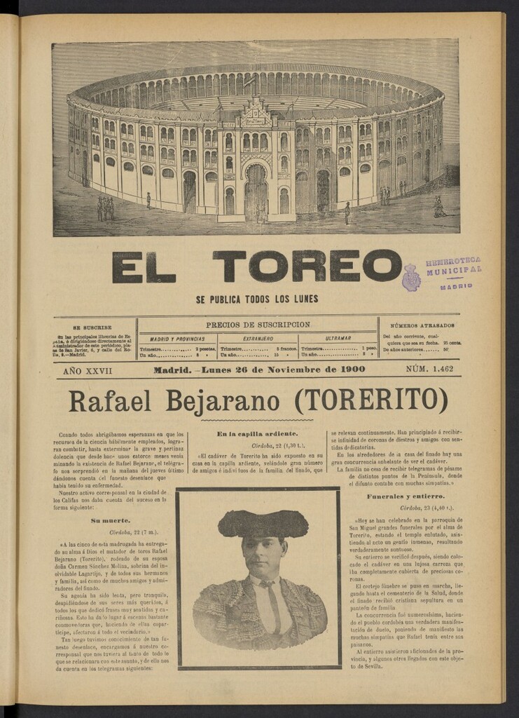 Miniatura de El Toreo: suplemento a "La Correspondencia Teatral" del 26 de noviembre de 1900, nº 1462