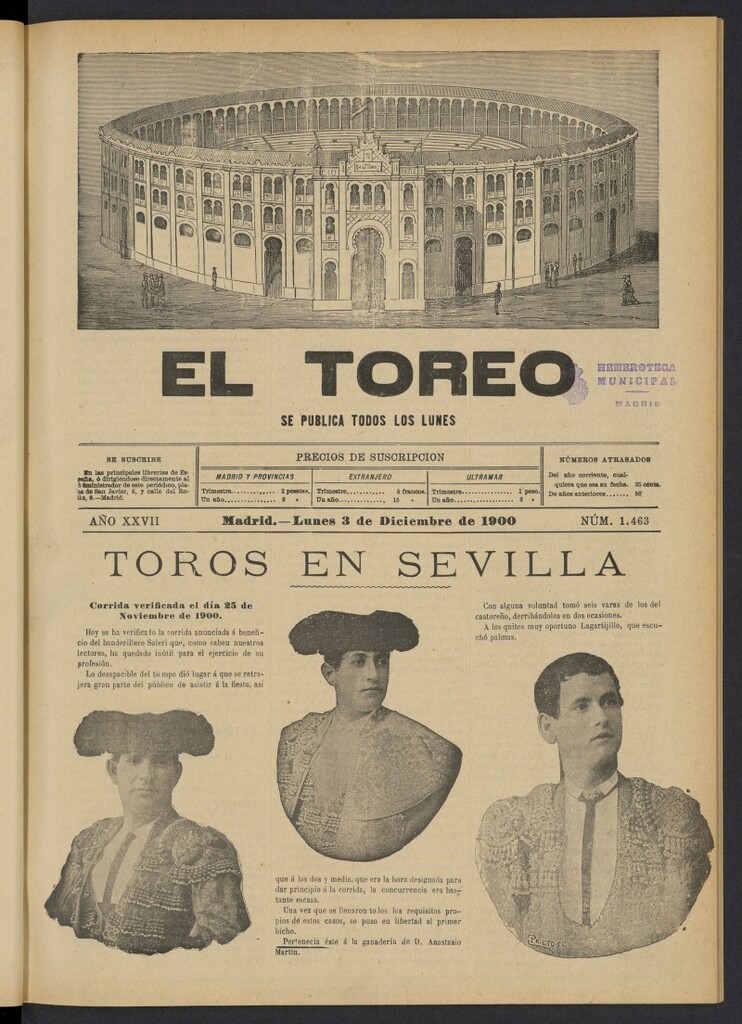 Miniatura de El Toreo: suplemento a "La Correspondencia Teatral" del 3 de diciembre de 1900, nº 1463