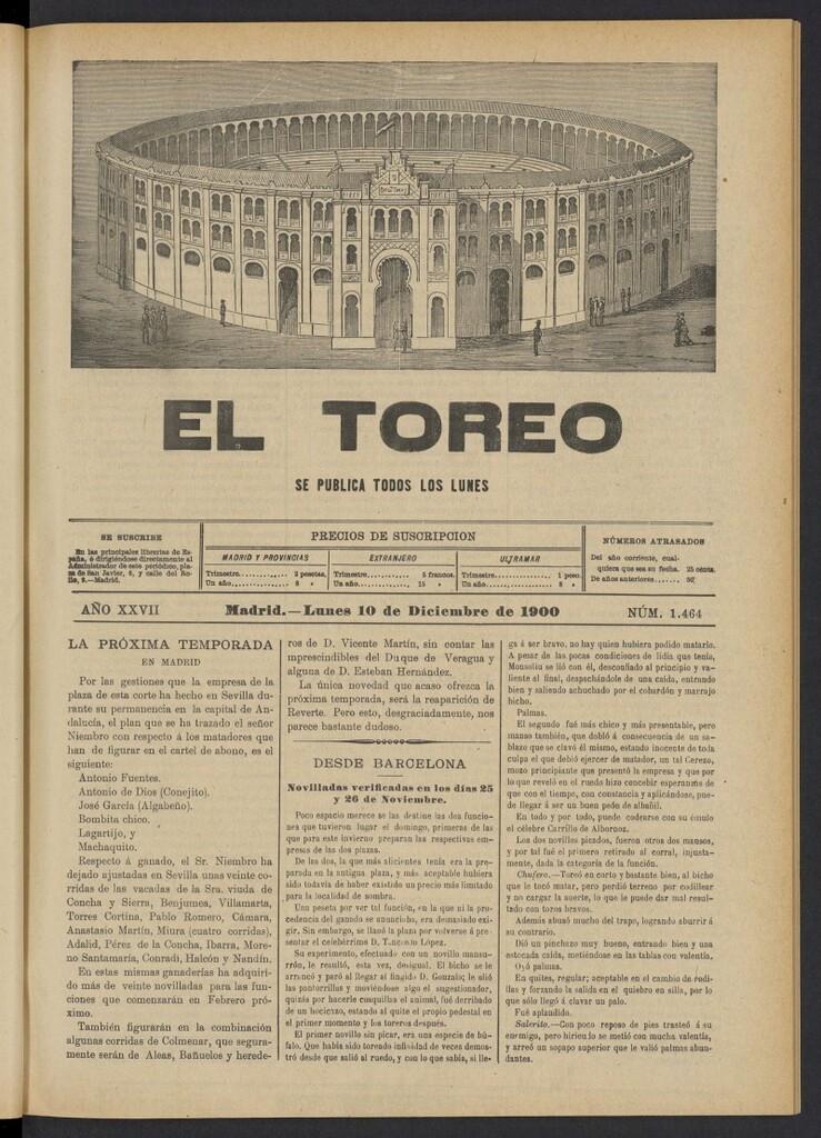 Miniatura de El Toreo: suplemento a "La Correspondencia Teatral" del 10 de diciembre de 1900, nº 1464
