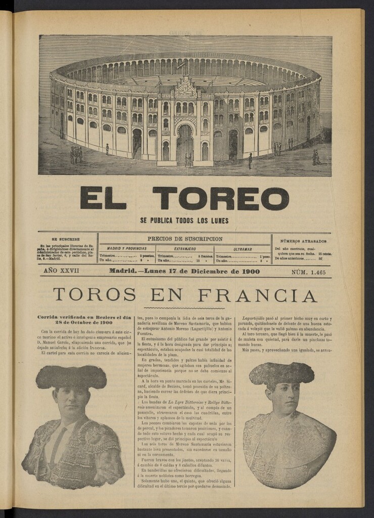 Miniatura de El Toreo: suplemento a "La Correspondencia Teatral" del 17 de diciembre de 1900, nº 1465