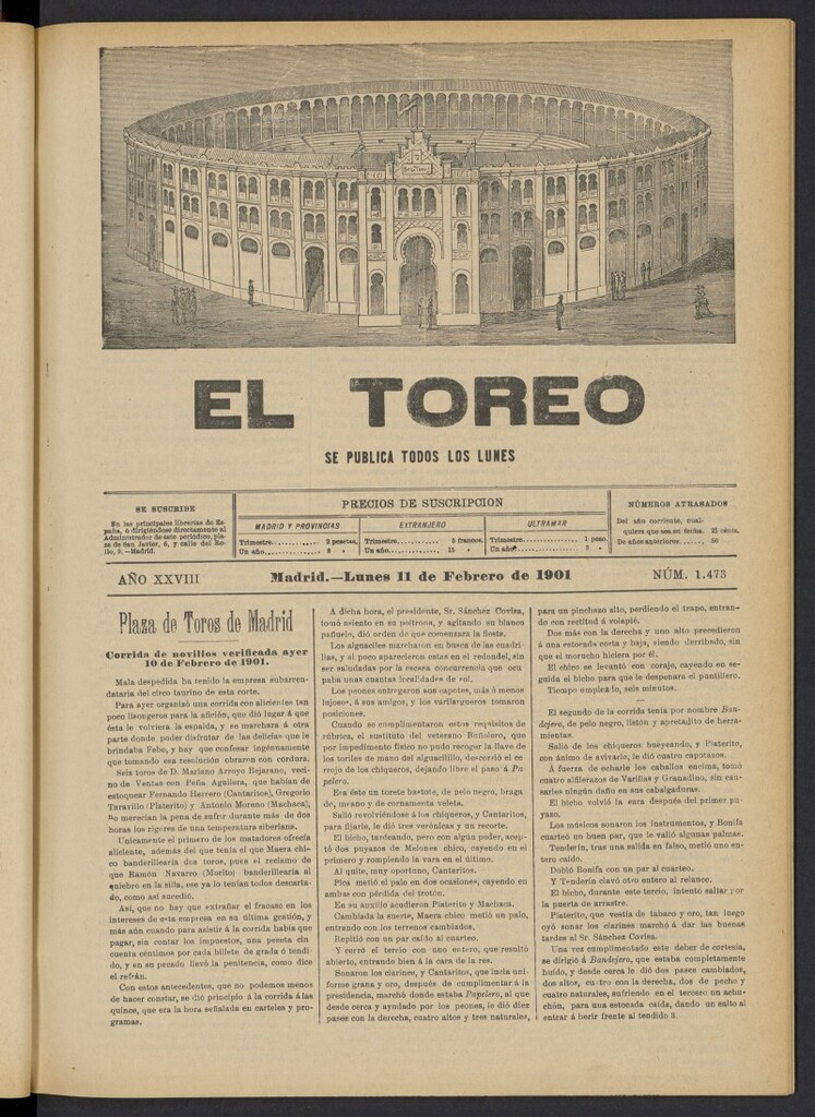Miniatura de El Toreo: suplemento a "La Correspondencia Teatral" del 11 de febrero de 1901, nº 1473