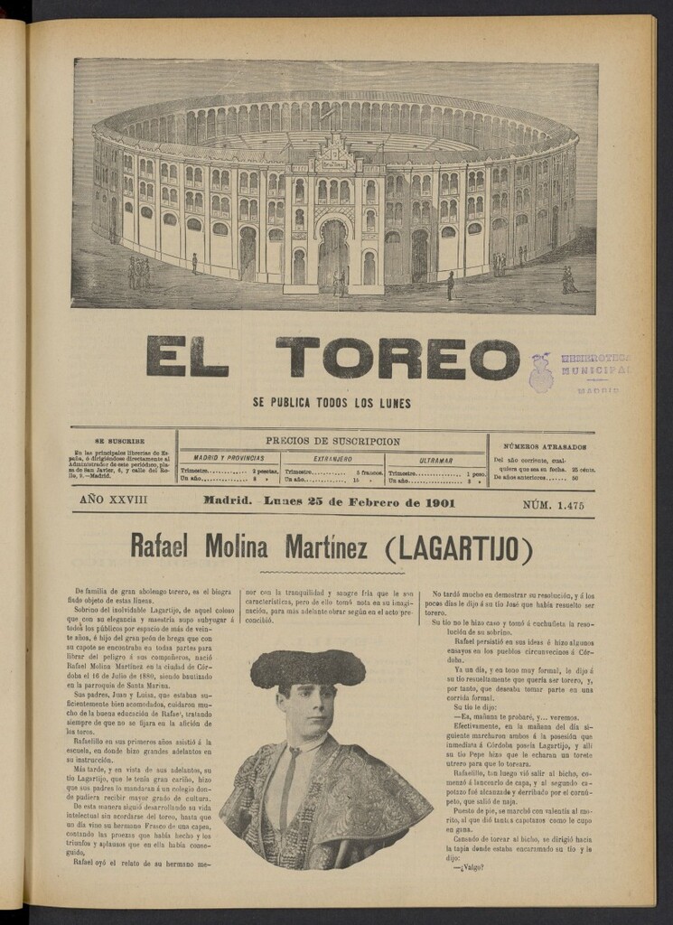 Miniatura de El Toreo: suplemento a "La Correspondencia Teatral" del 25 de febrero de 1901, nº 1475
