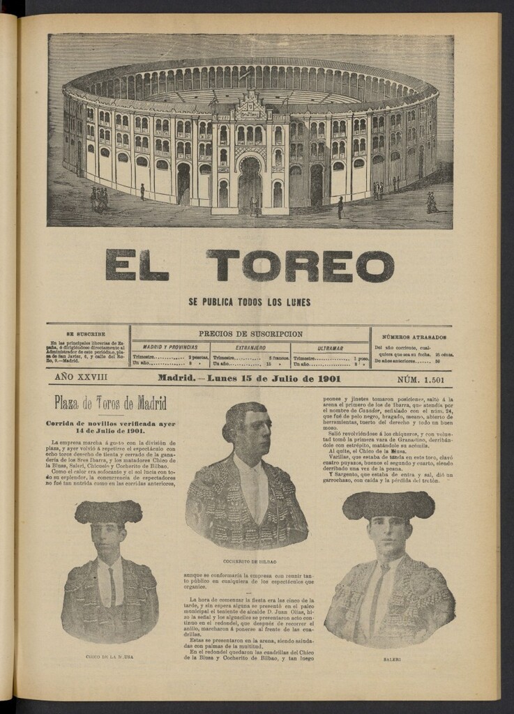 Miniatura de El Toreo: suplemento a "La Correspondencia Teatral" del 15 de julio de 1901, nº 1501
