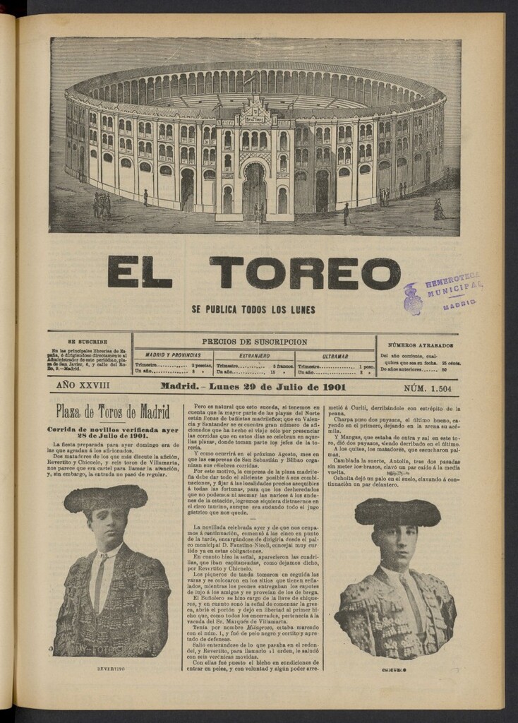 Miniatura de El Toreo: suplemento a "La Correspondencia Teatral" del 29 de julio de 1901, nº 1504
