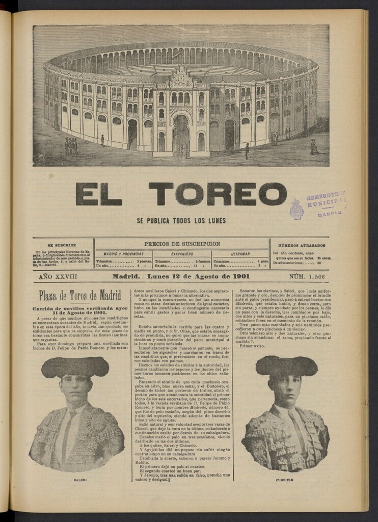 Miniatura de El Toreo: suplemento a "La Correspondencia Teatral" del 12 de agosto de 1901, nº 1506