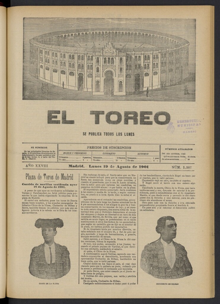 Miniatura de El Toreo: suplemento a "La Correspondencia Teatral" del 19 de agosto de 1901, nº 1507