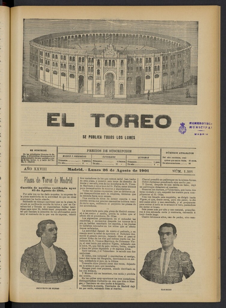 Miniatura de El Toreo: suplemento a "La Correspondencia Teatral" del 26 de agosto de 1901, nº 1508
