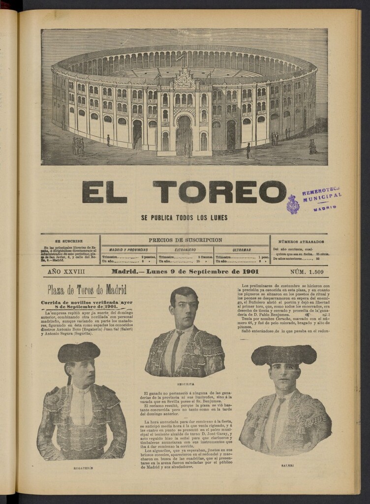 Miniatura de El Toreo: suplemento a "La Correspondencia Teatral" del 9 de septiembre de 1901, nº 1510