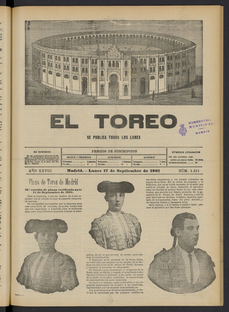 Miniatura de El Toreo: suplemento a "La Correspondencia Teatral" del 17 de septiembre de 1901, nº 1511