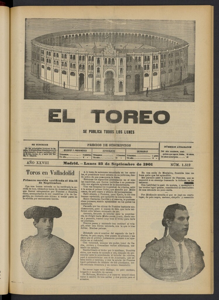 Miniatura de El Toreo: suplemento a "La Correspondencia Teatral" del 23 de septiembre de 1901, nº 1512