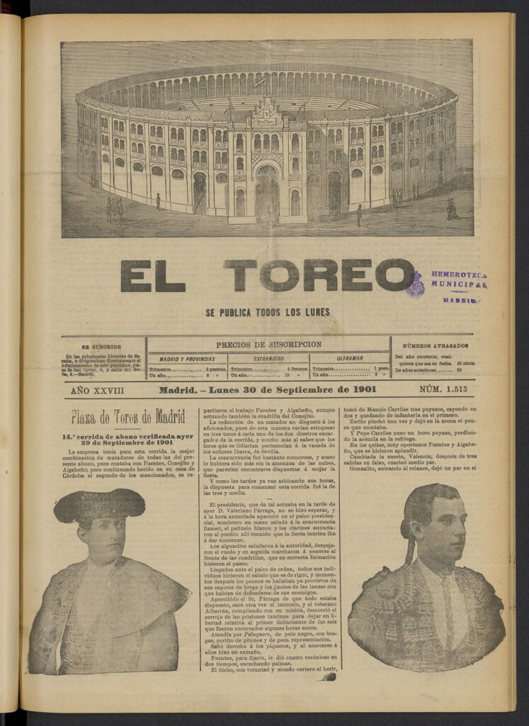 Miniatura de El Toreo: suplemento a "La Correspondencia Teatral" del 30 de septiembre de 1901, nº 1513
