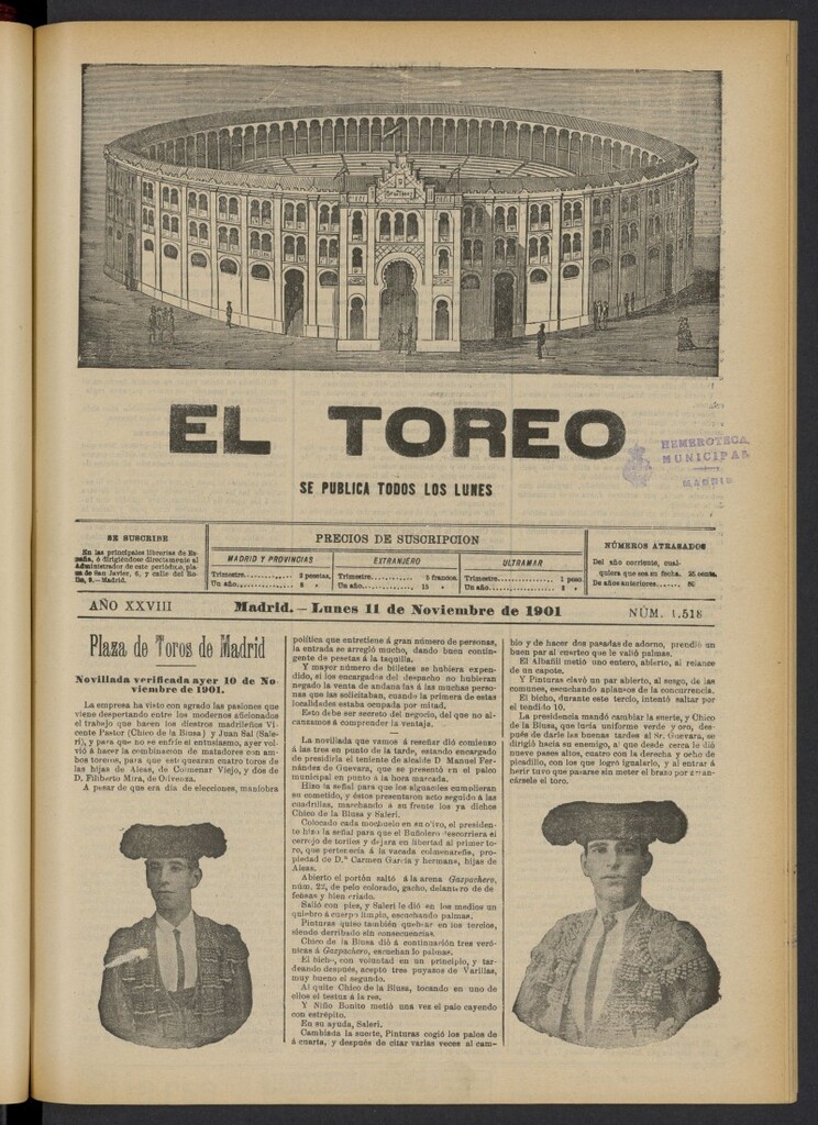 Miniatura de El Toreo: suplemento a "La Correspondencia Teatral" del 11 de noviembre de 1901, nº 1518