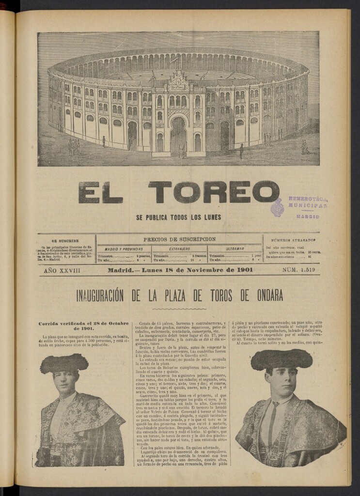 Miniatura de El Toreo: suplemento a "La Correspondencia Teatral" del 18 de noviembre de 1901, nº 1519