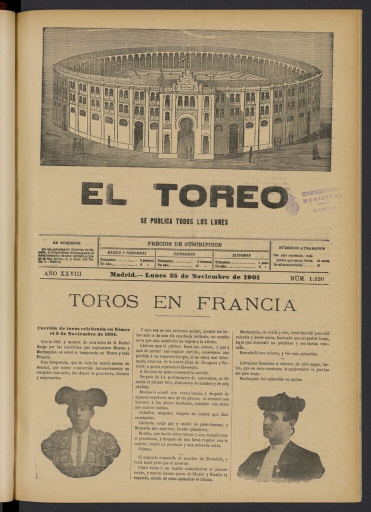 Miniatura de El Toreo: suplemento a "La Correspondencia Teatral" del 25 de noviembre de 1901, nº 1520