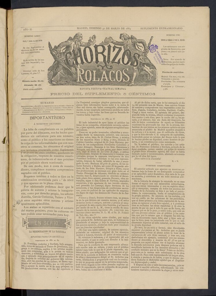 Miniatura de Chorizos y Polacos: revista festiva-teatral del 31 de marzo de 1883