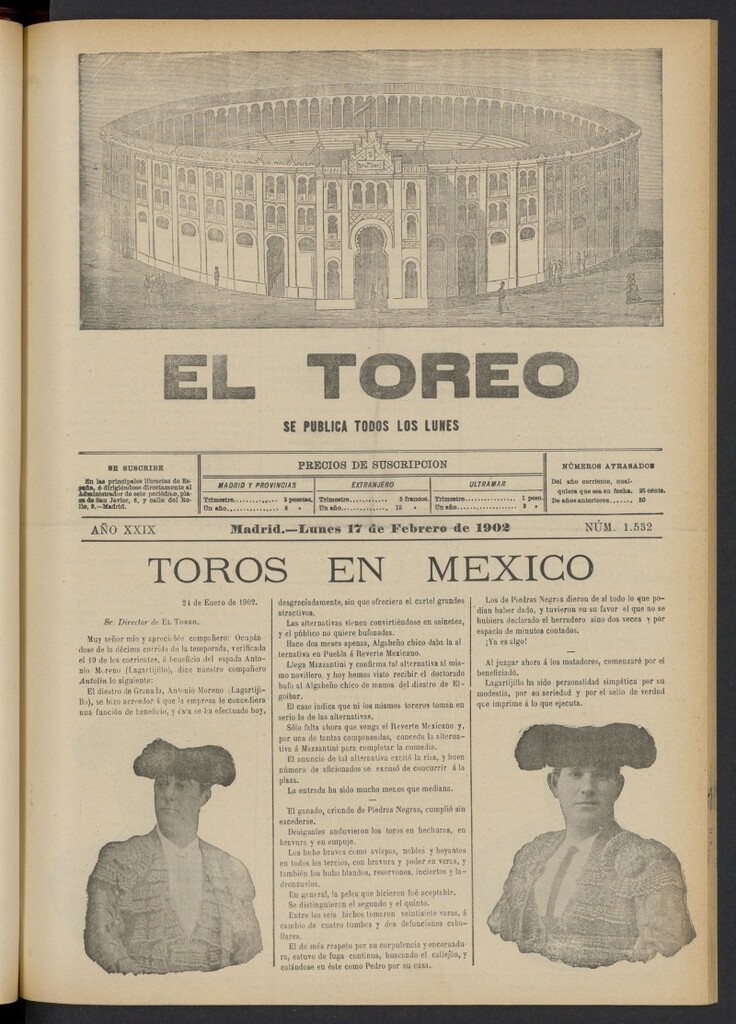Miniatura de El Toreo: suplemento a "La Correspondencia Teatral" del 17 de febrero de 1902, nº 1532