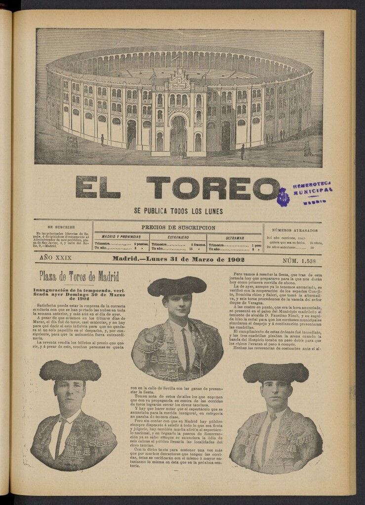 Miniatura de El Toreo: suplemento a "La Correspondencia Teatral" del 31 de marzo de 1902, nº 1538