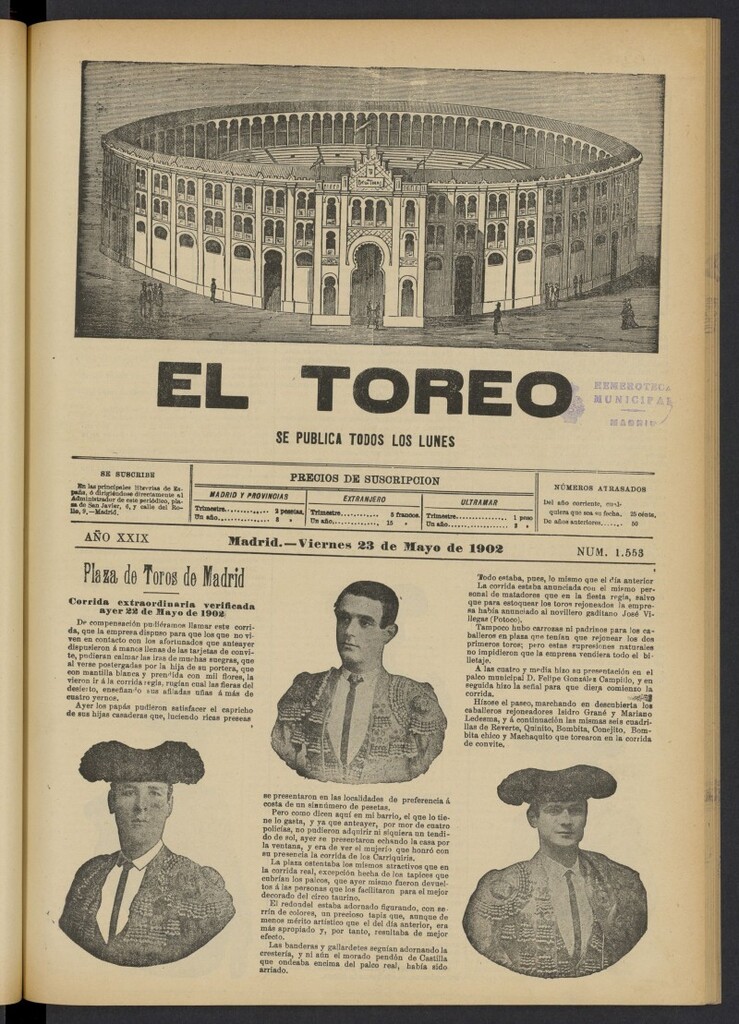 Miniatura de El Toreo: suplemento a "La Correspondencia Teatral" del 23 de mayo de 1902, nº 1553