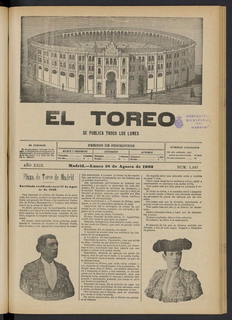 Miniatura de El Toreo: suplemento a "La Correspondencia Teatral" del 18 de agosto de 1902, nº 1567
