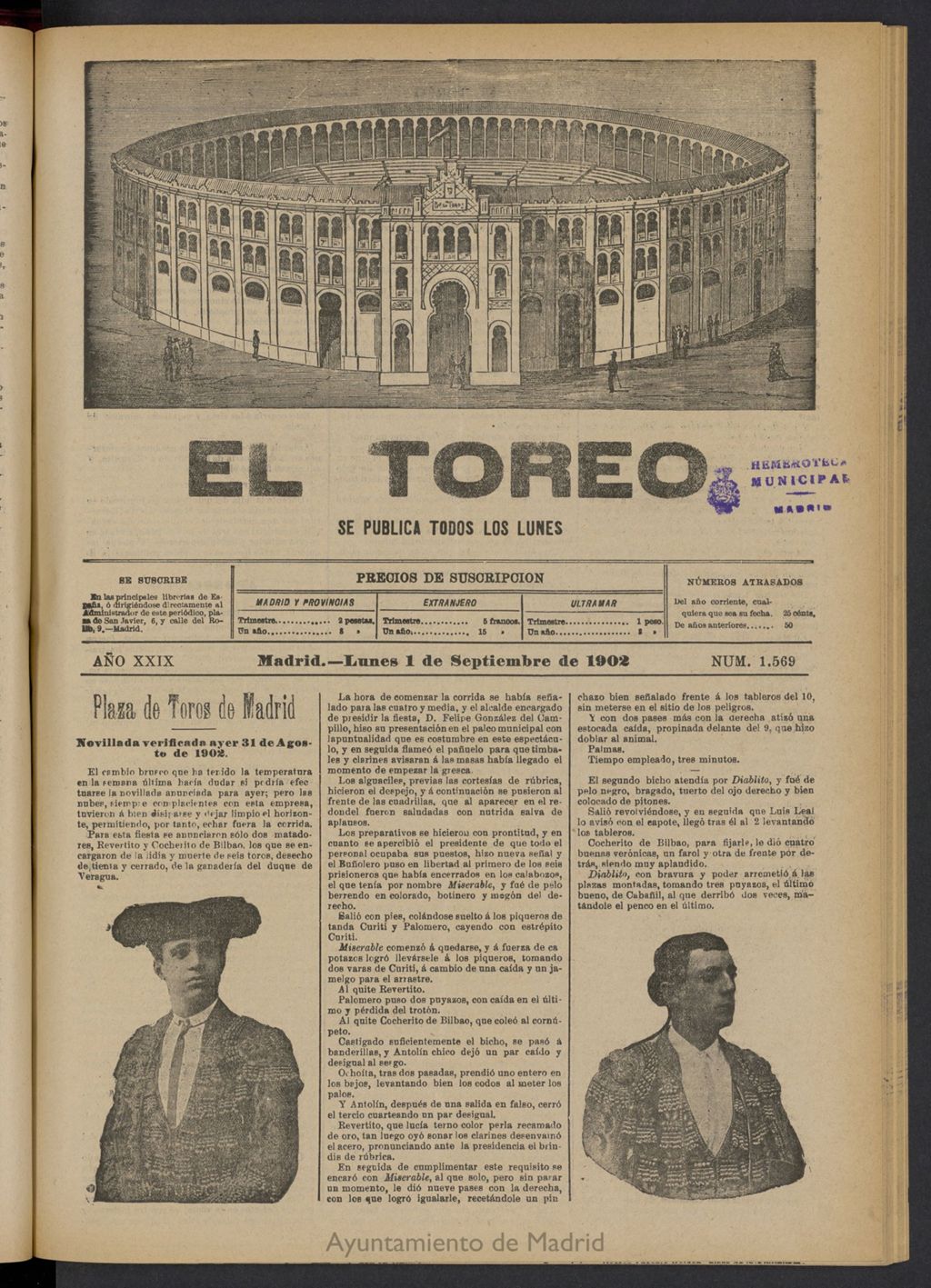 Miniatura de El Toreo: suplemento a "La Correspondencia Teatral" del 1 de septiembre de 1902, nº 1569