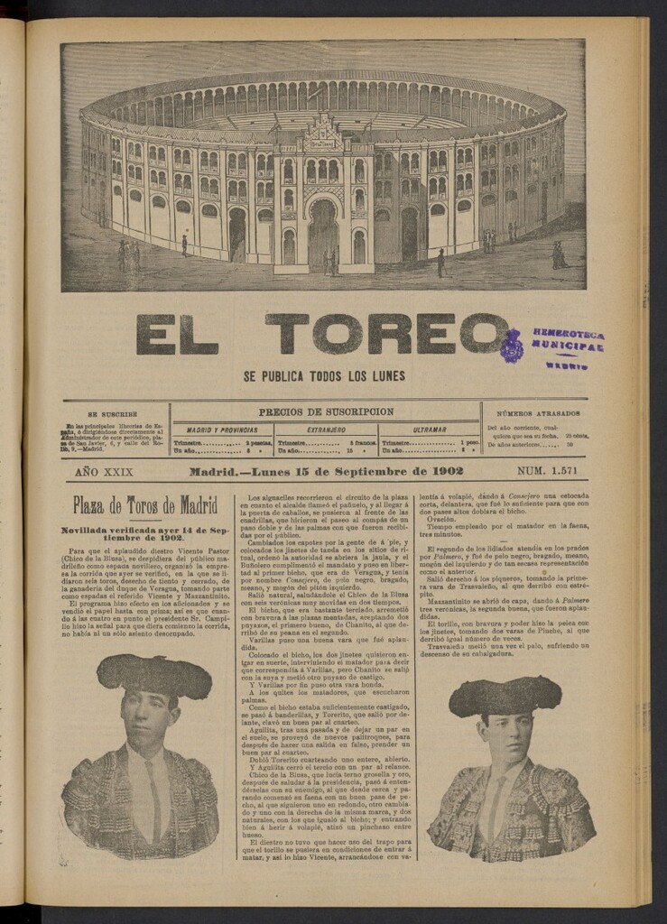 Miniatura de El Toreo: suplemento a "La Correspondencia Teatral" del 15 de septiembre de 1902, nº 1571